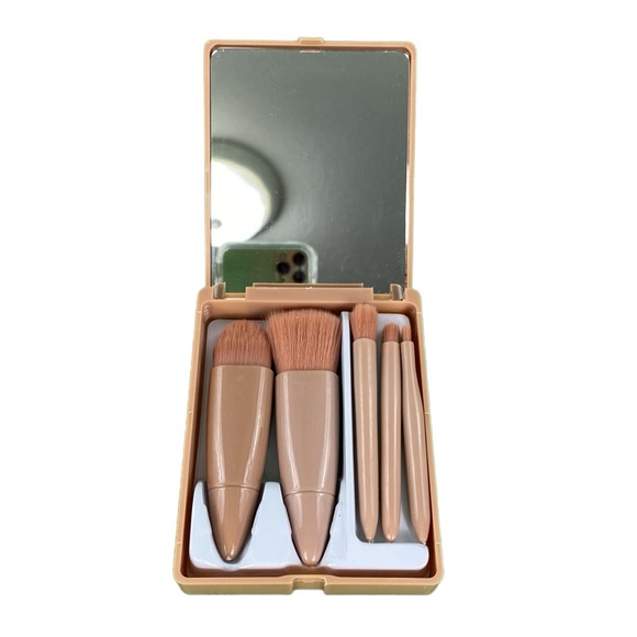 Mauve Pink 5 Piece Travel Mini Makeup Brush Set with Mirrored Case - Picture 1 of 16